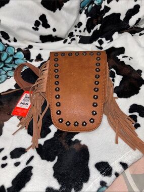 Fringed Brown Crossbody Bag with Stud Detail